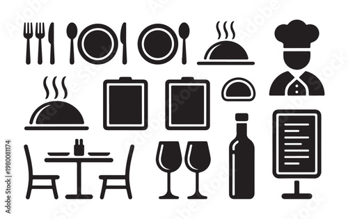 Dining room icons showing restaurant table chairs menu board wine bottle chef and hot food cloches.