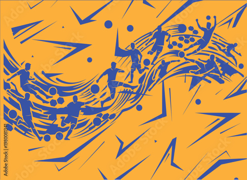 Abstract soccer pattern with multiple player silhouettes and geometric shapes on orange ground sports background