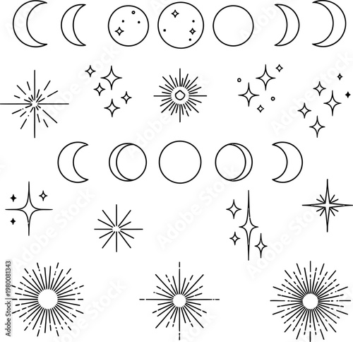 Line art celestial moon phases, stars, and sunburst outline icon set