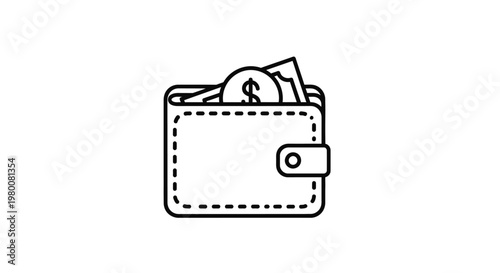 Simple black and white line art illustration of a wallet filled with cash and coins, representing financial savings and wealth