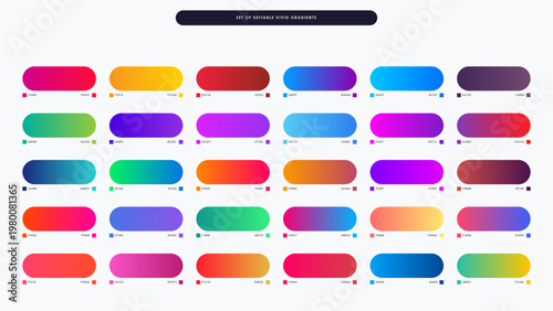Modern set of 30 rounded vivid gradients, colorful vibrant button UI elements, bright neon color palette collection for web and app design