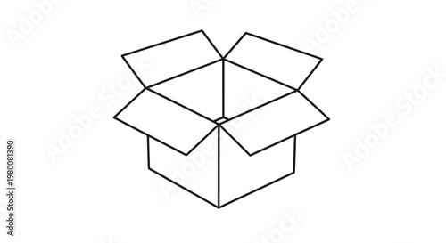 A simple line drawing illustration of an open empty cardboard box, perfect for shipping or storage concepts
