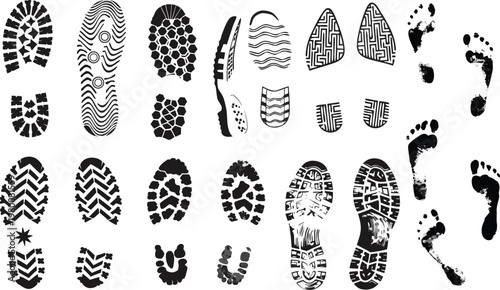 Collection of various footprints and shoe prints in black and white