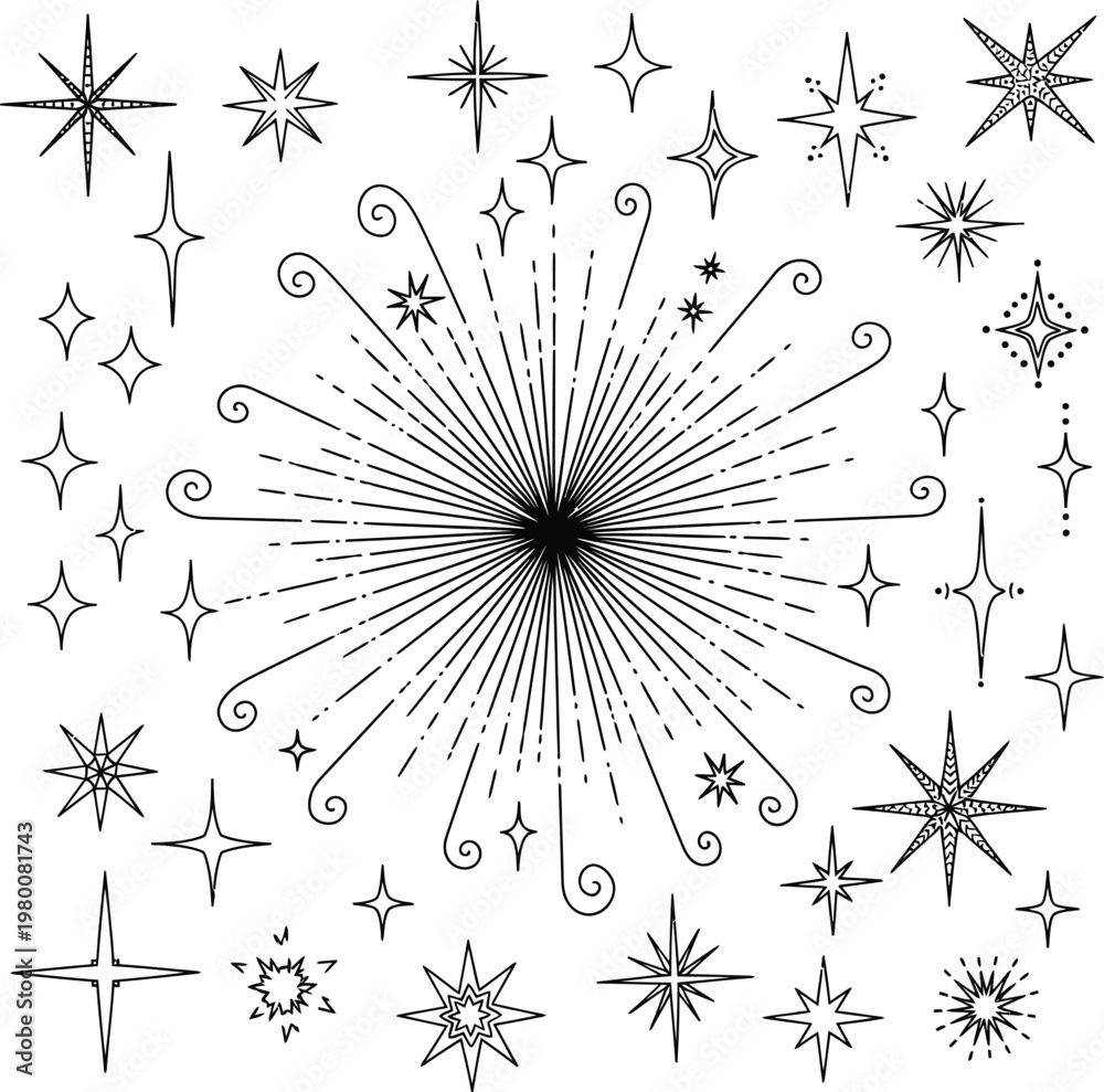 Obraz premium Hand drawn collection of sparkling stars and decorative starbursts