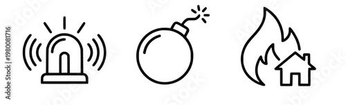 Emergency and Hazard Icons Set: Siren, Bomb, and House Fire Line Art