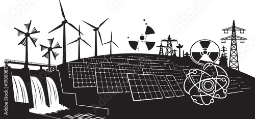 Renewable Energy, Sustainable Power, Solar Panels, Wind Turbines, Nuclear Energy, Hydroelectric Dam