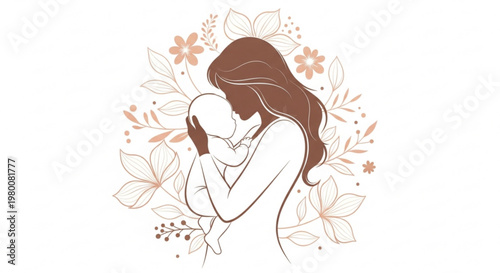 A minimalist vector illustration of a mother holding her baby surrounded by flowers and leaves