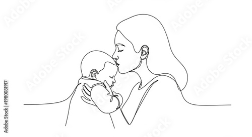 A minimalist line art illustration of a mother tenderly kissing her baby