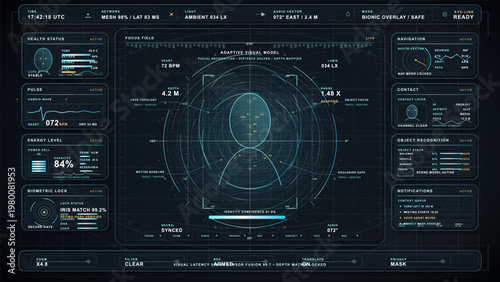 Futuristic Bionic Vision HUD Interface with Facial Recognition, Biometric Security, Augmented Reality Navigation and Sci-Fi Data Overlay