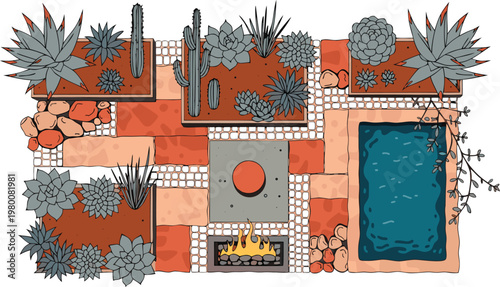 Desert garden with pool and fire pit illustration