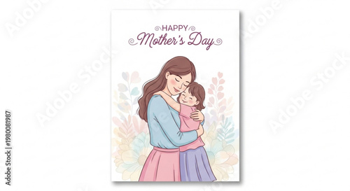 A heartwarming Mother's Day card illustration featuring a mother and daughter embracing