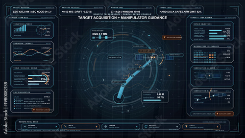 Futuristic orbital repair console with robotic manipulator arm guidance, target acquisition telemetry and spacecraft docking diagnostics interface