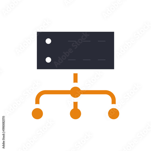 Server topology diagram showing orange nodes and rack icon, visualizing distributed backend layout and connections, clean flat