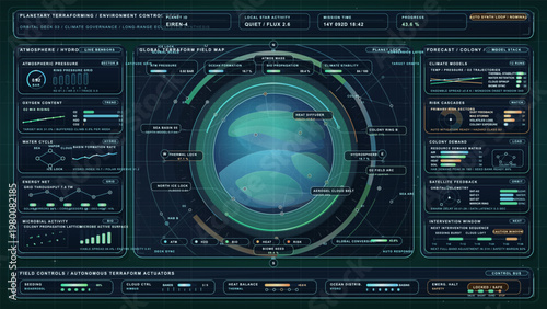 Futuristic Planetary Terraforming Control Dashboard with Climate Engineering Analytics, Colony Systems Monitoring and Sci-Fi Environment HUD