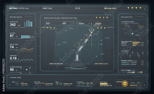 Futuristic industrial robotic arm control dashboard with manipulator precision view, machine health metrics, site analytics and work zone safety monitoring