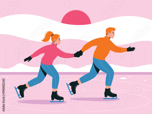 Couple ice skating together in a park during sunset with holding hands figure skating activity recreation relationship together illustration outdoors