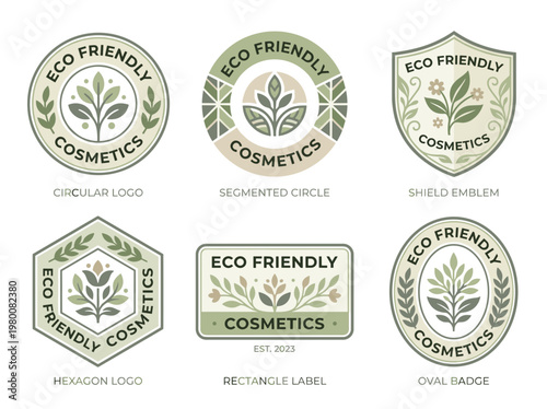 Eco friendly cosmetics logo collection, six flat vector emblems in a clean grid layout