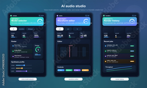 Futuristic AI audio studio dashboard with waveform editor UI