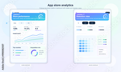 Mobile app analytics dashboard with installs and retention