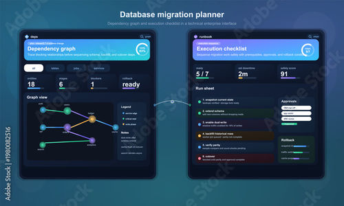 Database migration planner UI with dependency graph and checklist