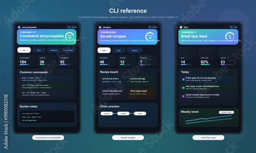 CLI reference dashboard UI with command encyclopedia and shell tips
