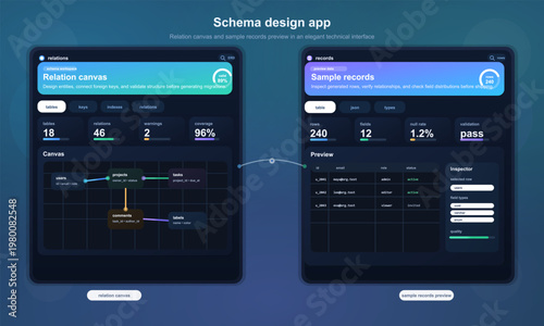 Database schema design app UI with records preview