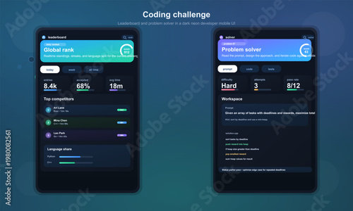 Coding challenge mobile app UI with leaderboard and solver