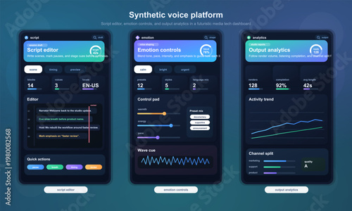 Synthetic voice platform dashboard with editor and analytics
