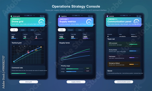 Futuristic operations strategy console with drone grid and logistics UI