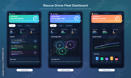 Rescue drone fleet dashboard with launch queue and coverage UI