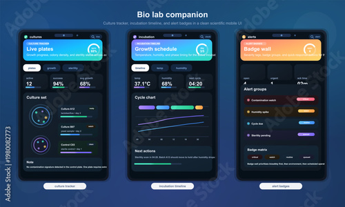 Futuristic bio lab mobile UI with culture tracking dashboard