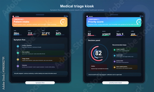 Medical triage kiosk UI with patient intake and priority score