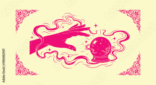 Pink mystical illustration of a hand reaching for a crystal ball with swirling energy and smoke.