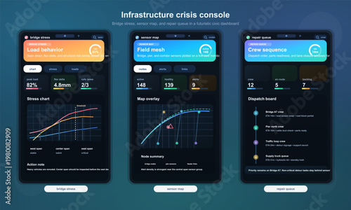 Infrastructure crisis dashboard with bridge stress and repair operations UI