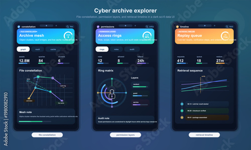Futuristic cyber archive data explorer dashboard UI