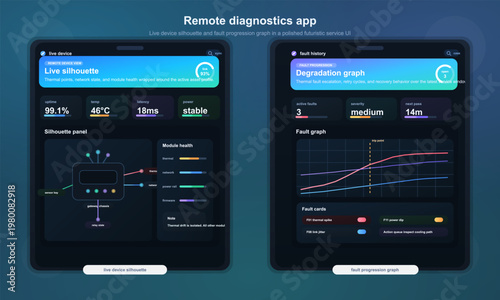 Remote diagnostics dashboard UI with device monitoring and fault analysis