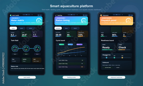 Smart aquaculture dashboard UI with tank health and feeding cycles