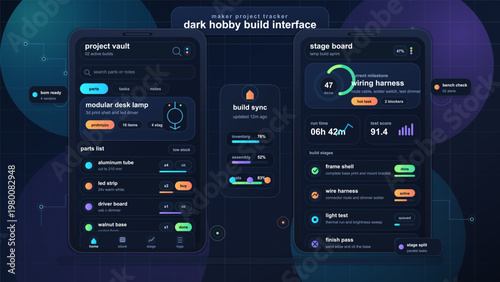 Dark mobile UI for maker project tracker with task board