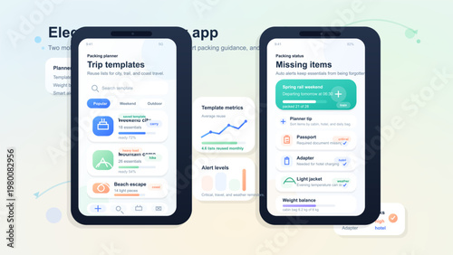 Modern Travel Packing Planner Mobile App UI with Trip Templates, Missing Items Alerts and Clean Checklist Dashboard