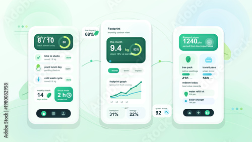 Modern sustainability mobile app suite with habit tracker, carbon footprint dashboard and eco rewards store across three smartphone screens