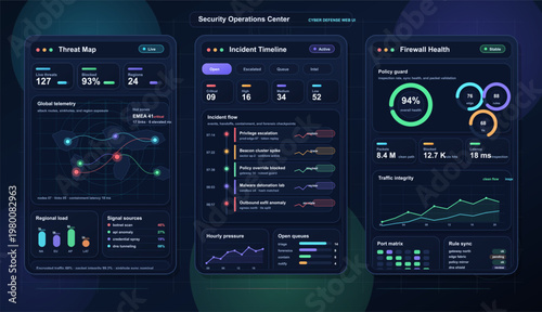 Futuristic security operations center dashboard interface with threat map, incident timeline, firewall health metrics and cyber defense monitoring panels