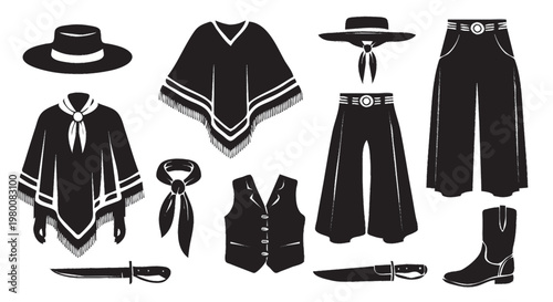 silhueta de ícones de roupas gaúchas poncho chapéu calca bota isolado em fundo branco cultura do rio grande do sul