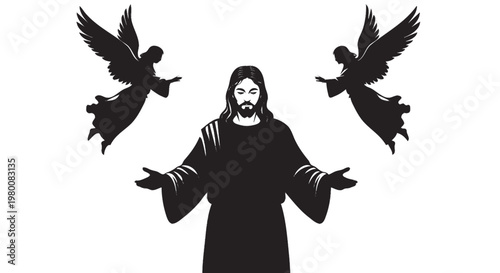 Silhouette of Jesus Christ with open arms and two angels by his side isolated on white background faith and spirituality concept