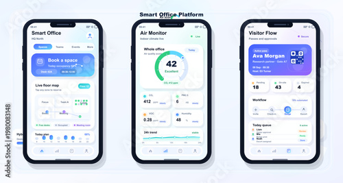Smart office mobile app UI with booking, air quality and visitor flow