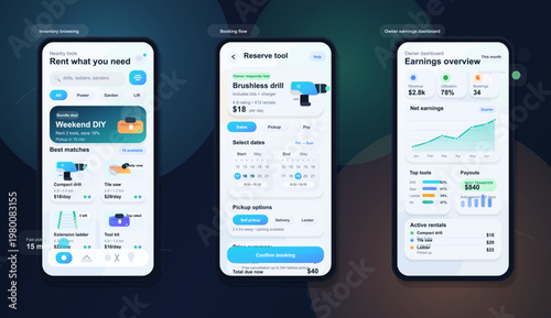 Tool rental mobile app UI kit with booking and earnings