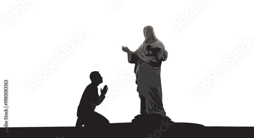 Silhouette of man kneeling and praying before a statue of Jesus Christ isolated on white background faith and worship concept