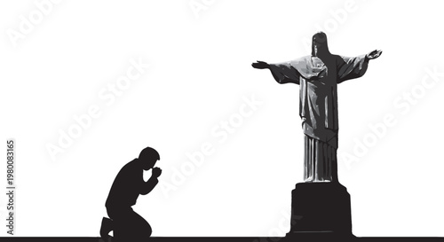 Silhouette of man kneeling and praying before a statue of Jesus Christ isolated on white background faith and worship concept