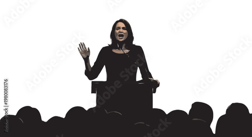 silhouette of woman speaking into microphone at podium public speaking communication and leadership isolated on white background