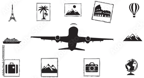 silhouette of air travel icons isolated on white background aviation transport and tourism concept