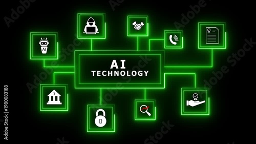 Artificial intelligence technology network connecting diverse icons representing innovation. AI and digital technology powering networks, security, and finance.